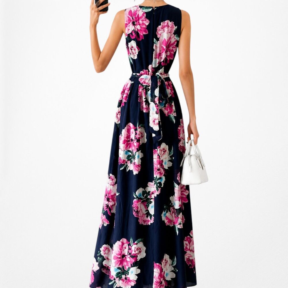 Vintage Y2K Sleeveless Navy Blue Pink Floral Flared Waist Tie Maxi Dress Size M - Picture 2 of 8